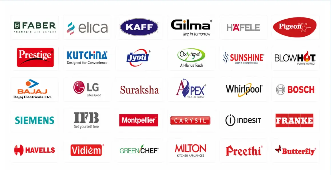 Brands we service including Faber, Elica, Kaff, Gilma, Häfele, Pigeon, Prestige, Kutchina, Bajaj, LG, Whirlpool, Bosch, Siemens, IFB, Franke, Havells, Vidiem, Preethi and Butterfly