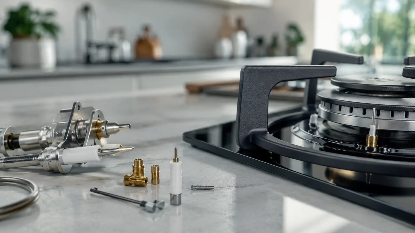 Gas hob ignition and burner components ready for inspection