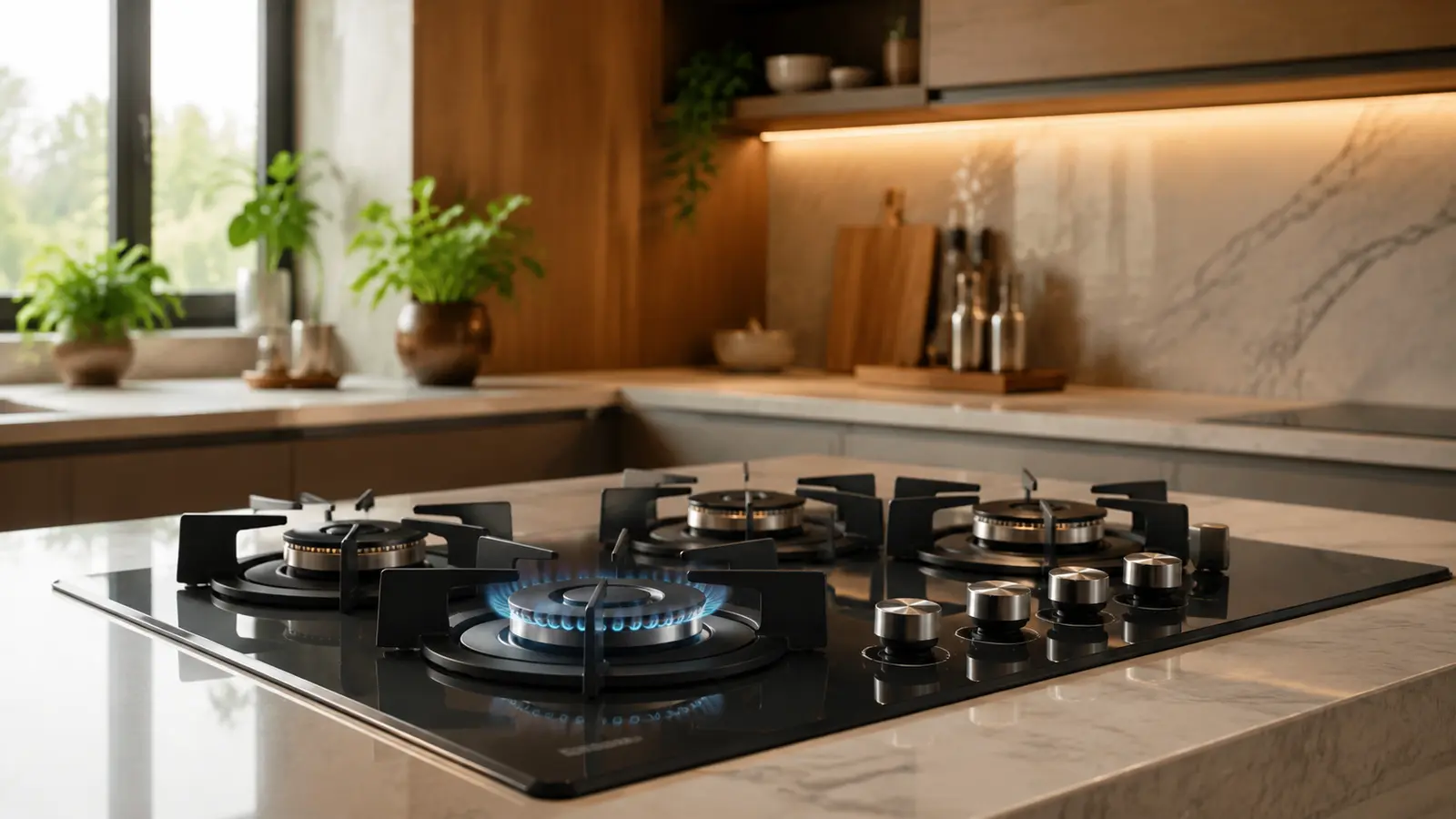 Modern gas hob with a clean blue flame